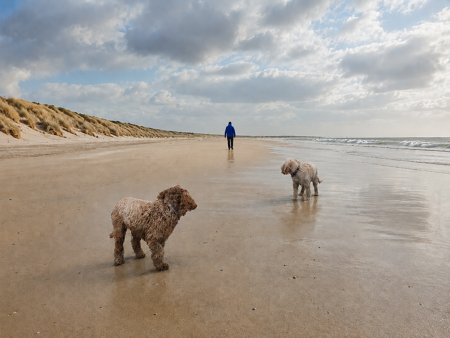 David Edwards walking ahead of his dogs on a quiet beach